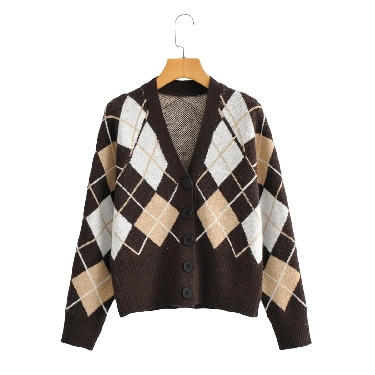 Custom Logo Korean Style Cropped Cardigan Intarsia Argyle Knit V Neck Women Vintage Designer 100% Organic Cotton Sweaters