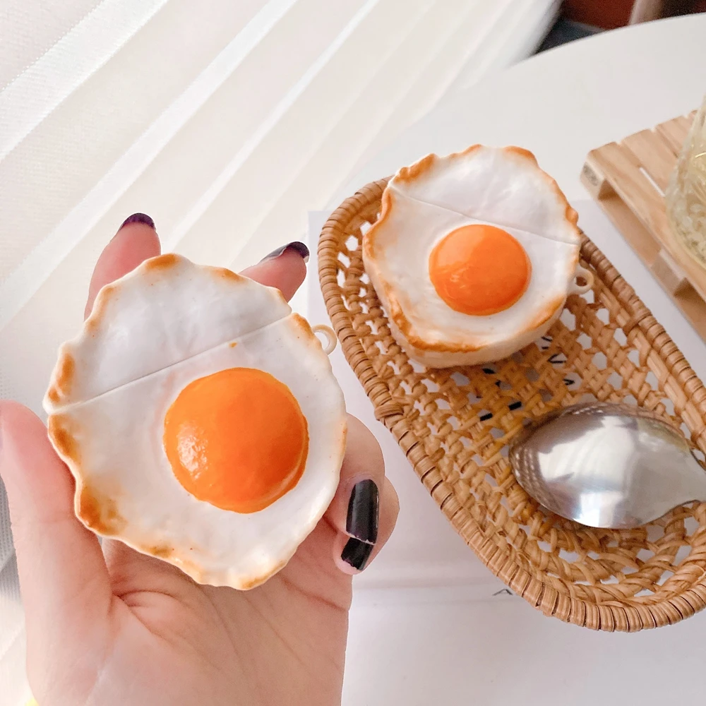  Hot Sale 3D Cartoon Fried Egg Design Earphone Case with Keychain for Airpods Pro Creative Cute Food Style Cover