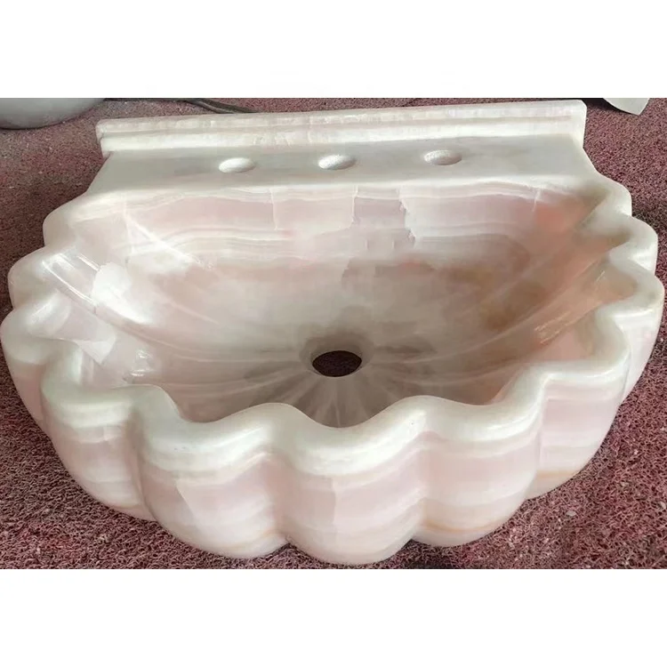 Small size natural stone marble shell shaped wall hung pink onyx bathroom sinks