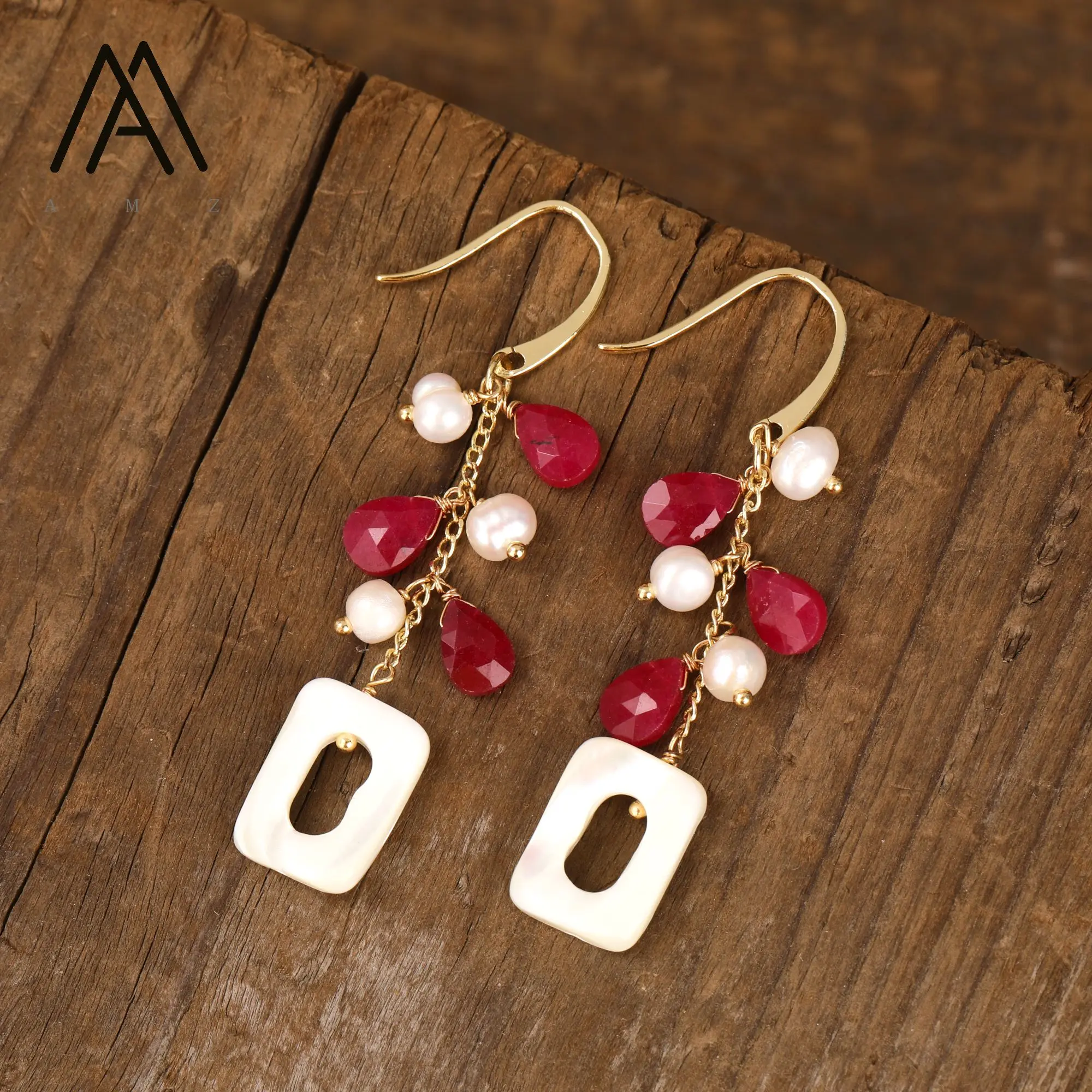 Classic Gold Plated Earrings with Natural Gemstone Pearl and Square Shell for Parties-Charm Earrings