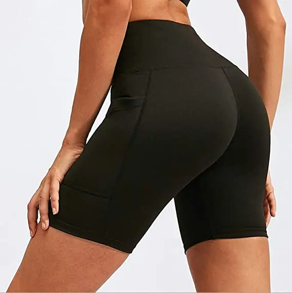 Spandex Plus Size Black Biker Short Workout Yoga Leggings With Pocket Gym Women High Waist Cycling Shorts