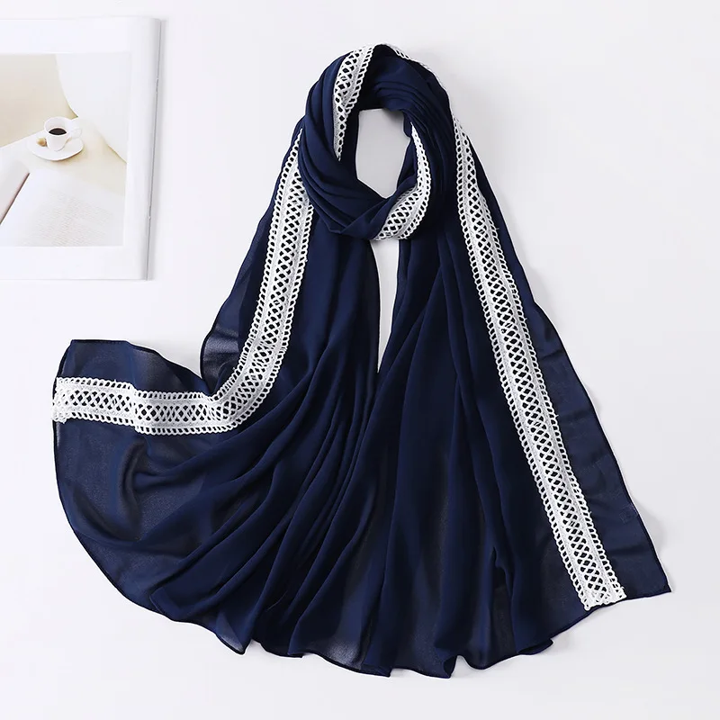 New Trendy Flower Embroidery Scarf Muslim Hijab For Women Headscarf With White Lace Edge