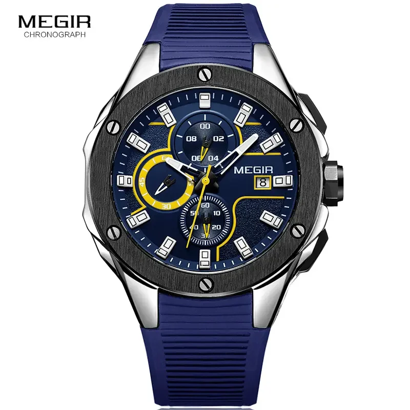 Megir 2053 Fashion Made in China Mens Quartz Watch Excel Rubber Strap Chrono Date Display Waterproof Sports Relogio Musculino