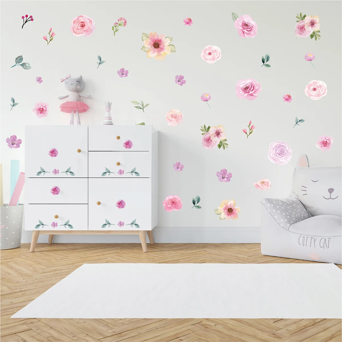MZL Pink Floral Wall Stickers Watercolour Girl Bedroom Living Room Wedding Party Floral Decoration Self Adhesive Wallpaper
