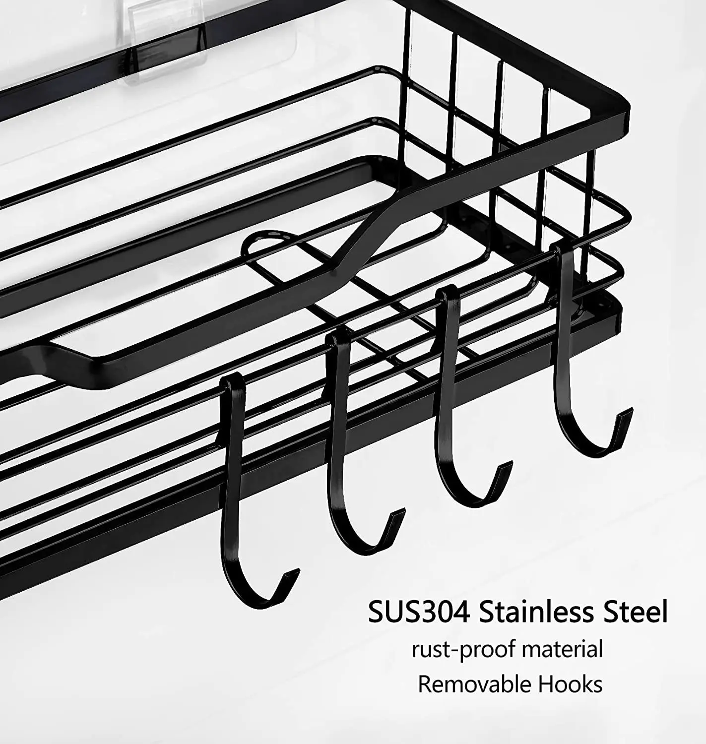Stainless Steel No Drilling Wall Mount Rustproof Black Bathroom Accessories Basket Shelves with Hooks shower caddy bath shelf