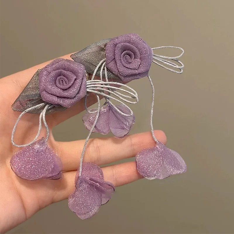 Korea Sweet Fabric Mesh Floral Long Tassel Drop Silver Needle Earrings for Women Personalized High-end Party Jewelry Accessories