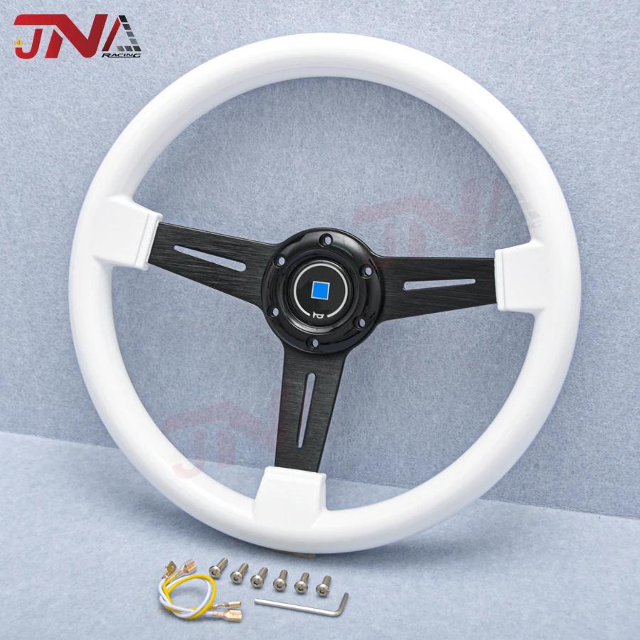 JDM Universal 14inch ABS White Steering Wheel Flat Corn Black Spoke Racing Sports Steering Wheel for Drfting