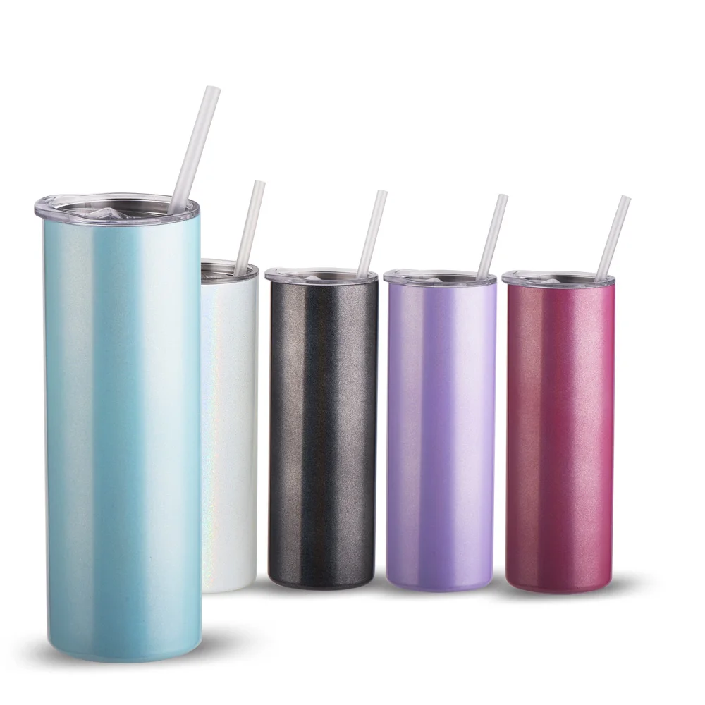 Straight 20 oz Stainless Steel Shimmer Rainbow Skinny Sublimation Blank Tumbler Bulk 20oz Glitter White Tumbler Mug with Straw