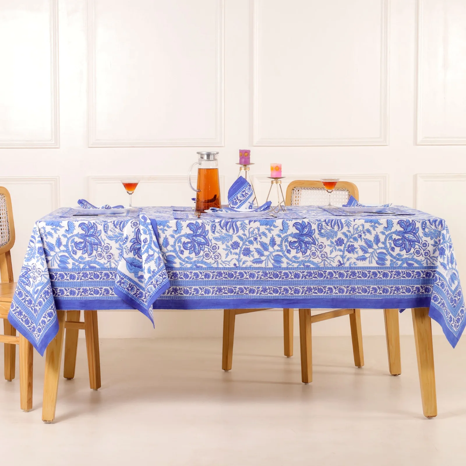 Blue Open Hand Block Printed Cotton Wedding Table Cloth Embroidered For Sale Best Quality Indian Material