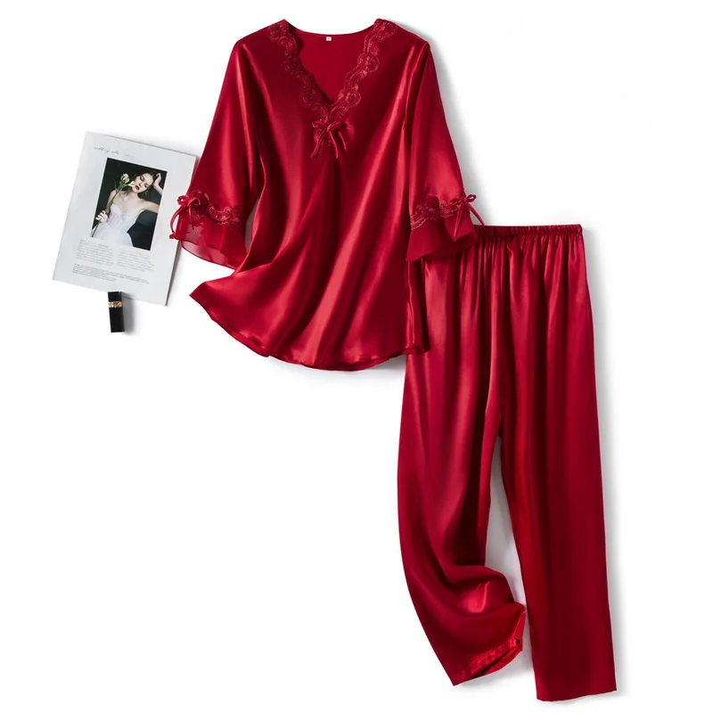 2024 Hot selling  Luxurious Silk Women Pajamas Set for Summer Night  Plain Color Satin Sleepwear For Women