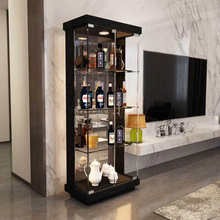  Customized Led Lighting High-end Living Room Home Bar Glass Showcase Light Luxury Stainless Steel Wine Display Cabinet