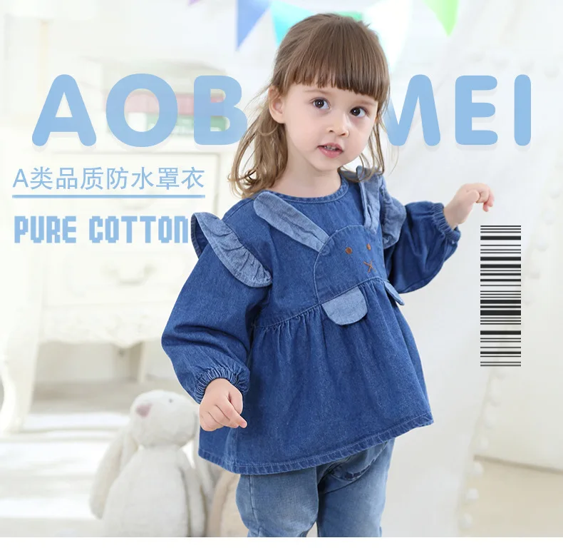 Осенне-зимние детские джинсовые комбинезоны, водонепроницаемая одежда для еды, джинсовое платье с длинными рукавами для маленьких мальчиков и девочек