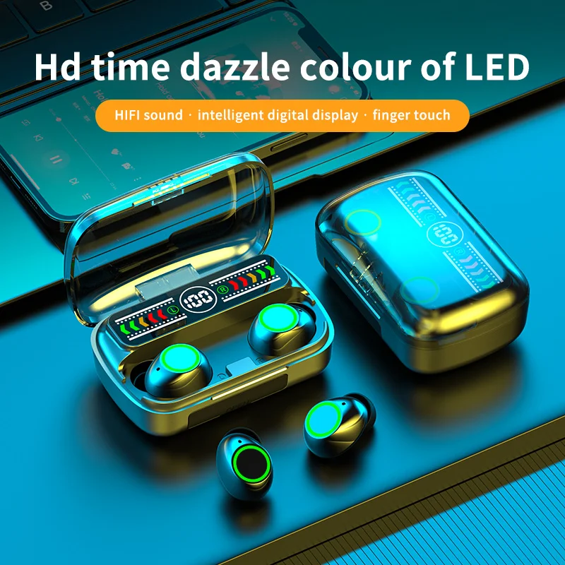 M100 TWS Earphones Blue Tooth Wireless Headphones with Mic Mini Stereo In-ear Earbuds Sports Gaming Headset Usb 800mah 10 Metes