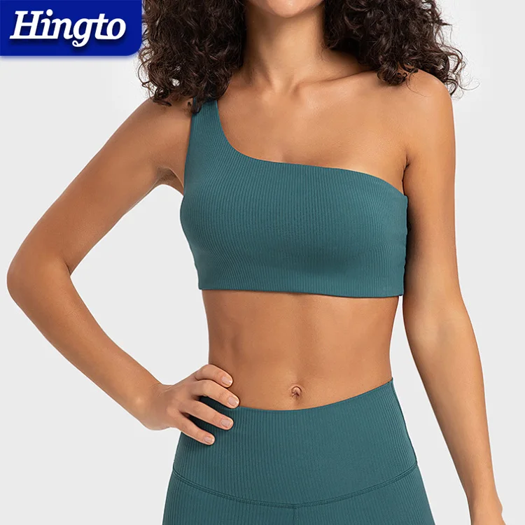 Hollow Back Fitness Sports Top Striped Ribbed Soft Sport Bra With Single Shoulder Strap Yoga Bra Comfortable Sports Bras