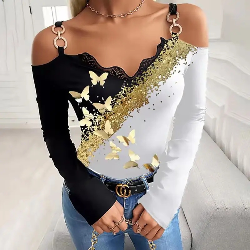 Fashion bronzing butterfly pattern tops for women low-cut sling women shirts 2021 lace edge plus size women clothing