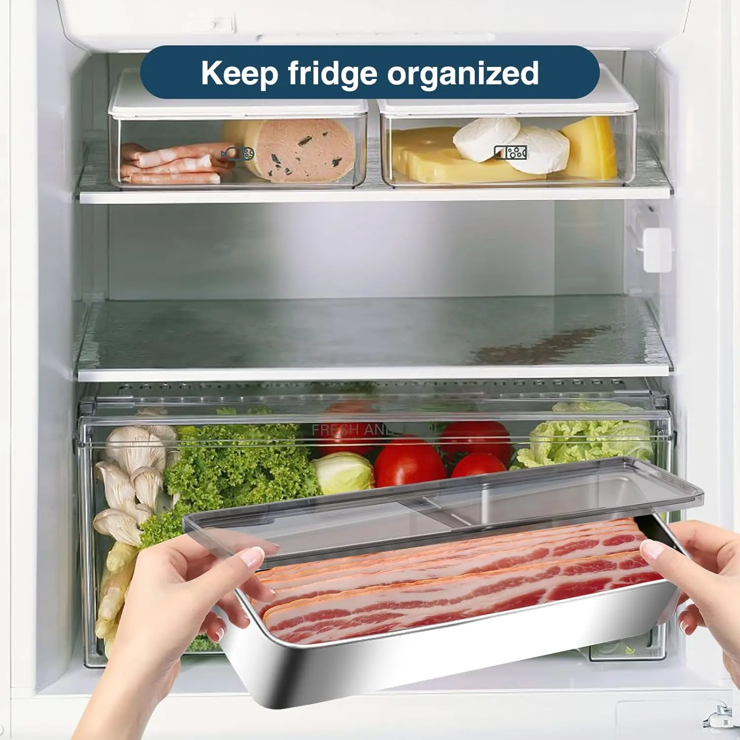 Dishwasher safe Food Safe Stainless steel 304 Meat Bacon Cheese Container for Refrigerator with Lids