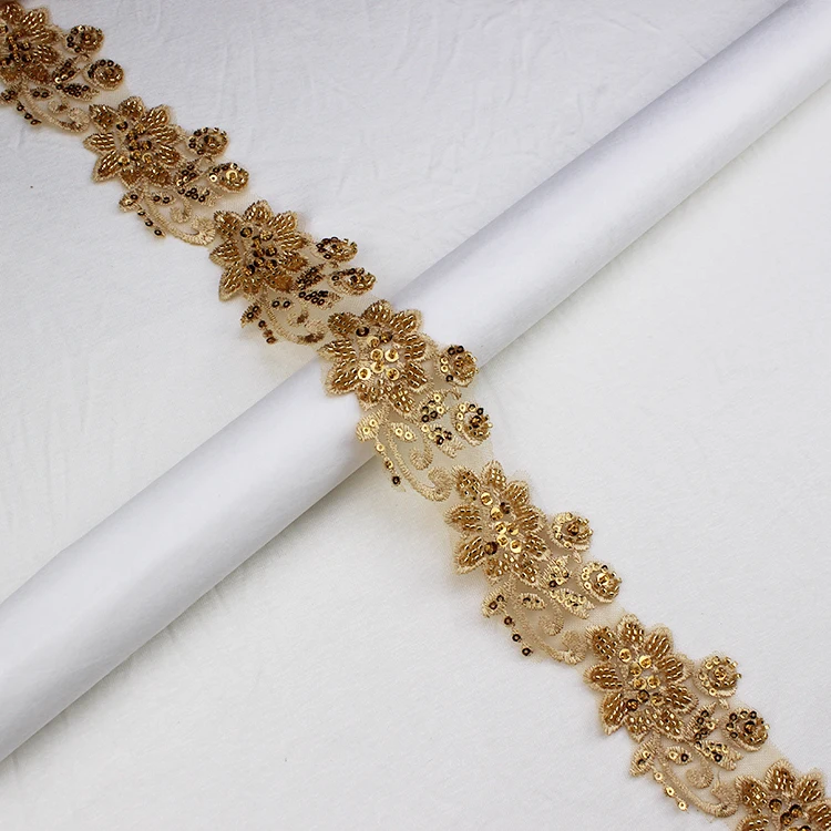 Rhinestone Applique Lace Trimming Border Embroidered Pearl Beaded Sequin Mesh Flower Embroidery Polyester Wedding Lace Trim