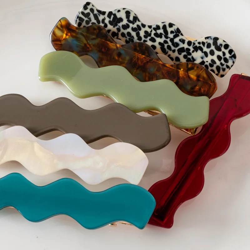 6.5CM Wholesale Trendy Simple Vintage Girls Hair Accessories Clips Wave Shape Color Acetate Metal Hair Clip For Women