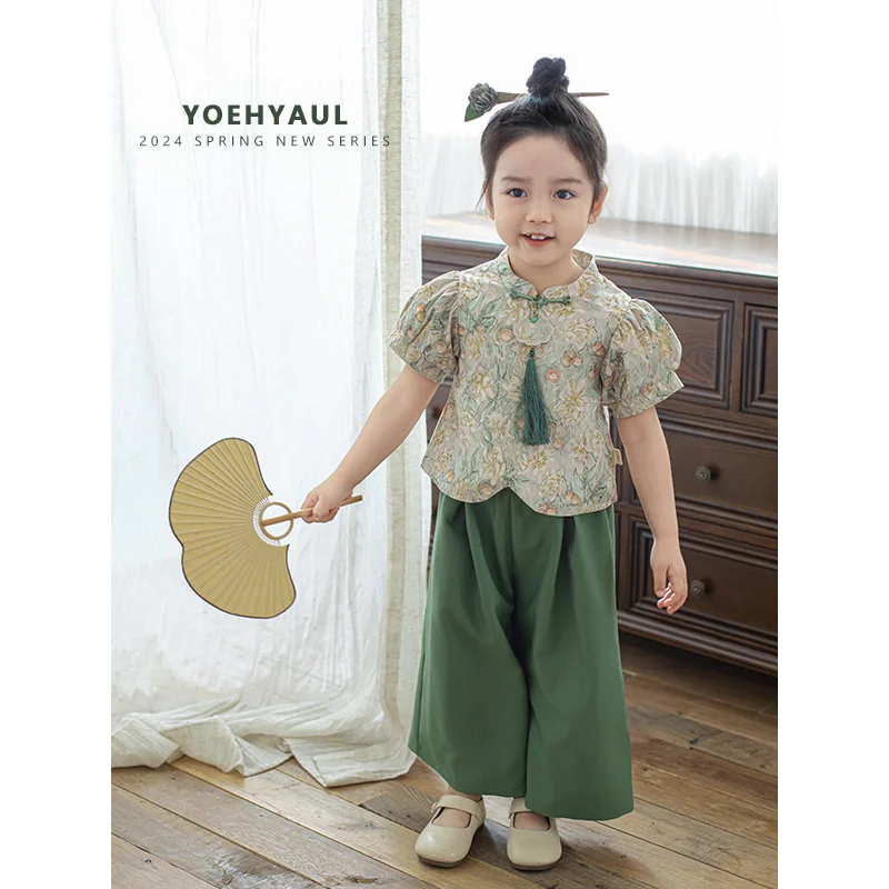 YOEHYAUL EX0016 Qipao Summer Two Girls Floral Suit Sweet Cute Chinese Stand Collar Shirt Straight Pants Suit for Children