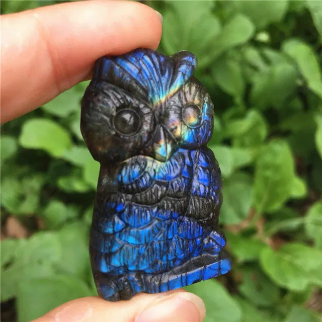 New arrivals carved animal gemstone natural quartz crystal blue flash labradorite carving owl figurine for Healing Reiki