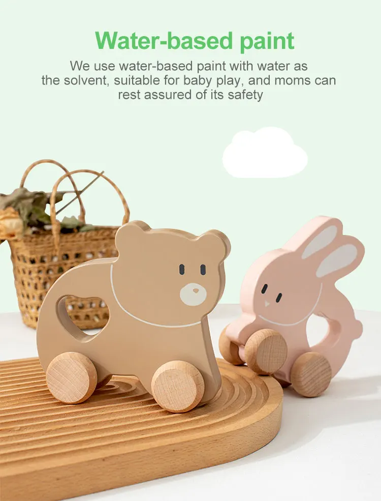 Baby Solid Wooden Log Color Rabbit Bear Mini Hand Holding Pushing Grip Inertial Trolley Kid Early Car Other Educational Toy