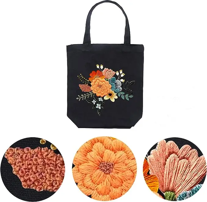 DIY Embroidery Kit for Adults Black Canvas Tote Bag,Cross Stitch Kit Include Embroidery Bag,Instructions,Embroidery Hoops,Color