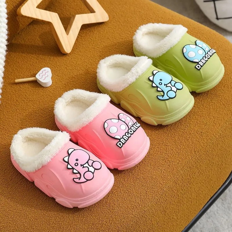 Custom Kids Cartoon Animal Dinosaur Plush Slippers Waterproof Anti Slip Winter Home Cotton Warm Slippers For Children