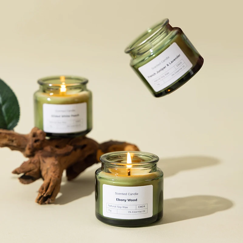 wood lid green glass small jar fragrance soy wax color gift box 70 g scented candle
