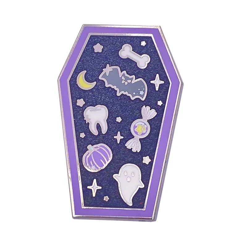 Custom Purple Coffin Shape Design Lapel Pin Halloween Cute Cartoon Hard Enamel Silver Metal Black Glitter Badge For Gift