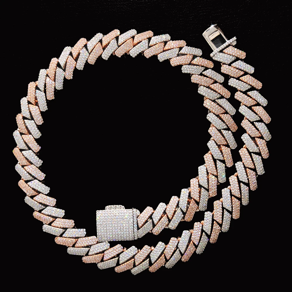 Hip Hop Chunky Mens Cuban Necklace 18k Gold Plated Iced Out CZ Two-tone 20mm Prong Cuban Link Chain