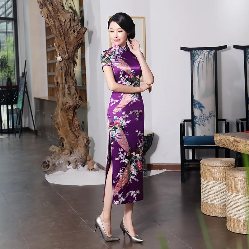 Sexy Purple Women Satin Daily Casual Dress Summer New Long Qipao Print Flower Chinese Cheongsam Size S M L XL XXL 3XL