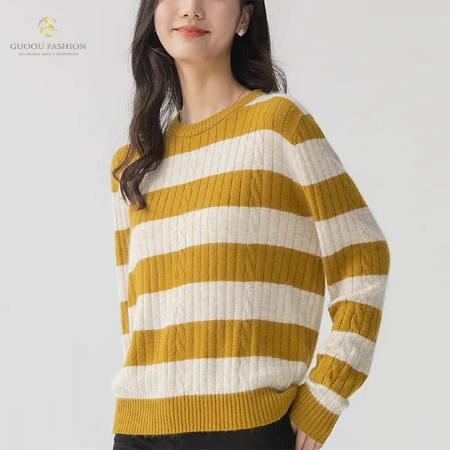 Guoou Ribbed  Cable Fine Needle 12Gg Wool Sweater Round Neck Loose Striped Women Cashmere Sweater Knitted Pullover