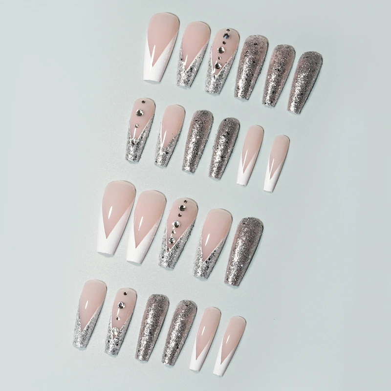 2022 New Full Cover 24 pieces French ballet artificial nail with rhinestone finger nails artificial fingernails design nail tips