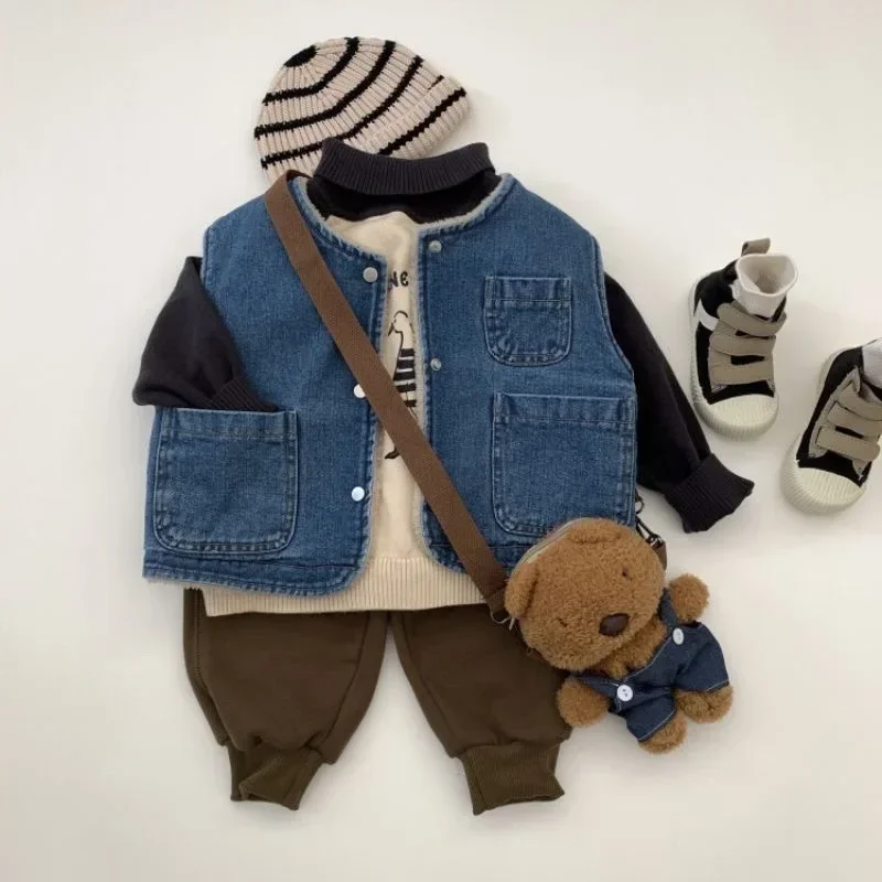 Baby Girls Boys Demin Sleeveless Vest Kids Double Sided Waistcoat Toddler Outerwear 2024 Autumn Winter Children Clothing Casual