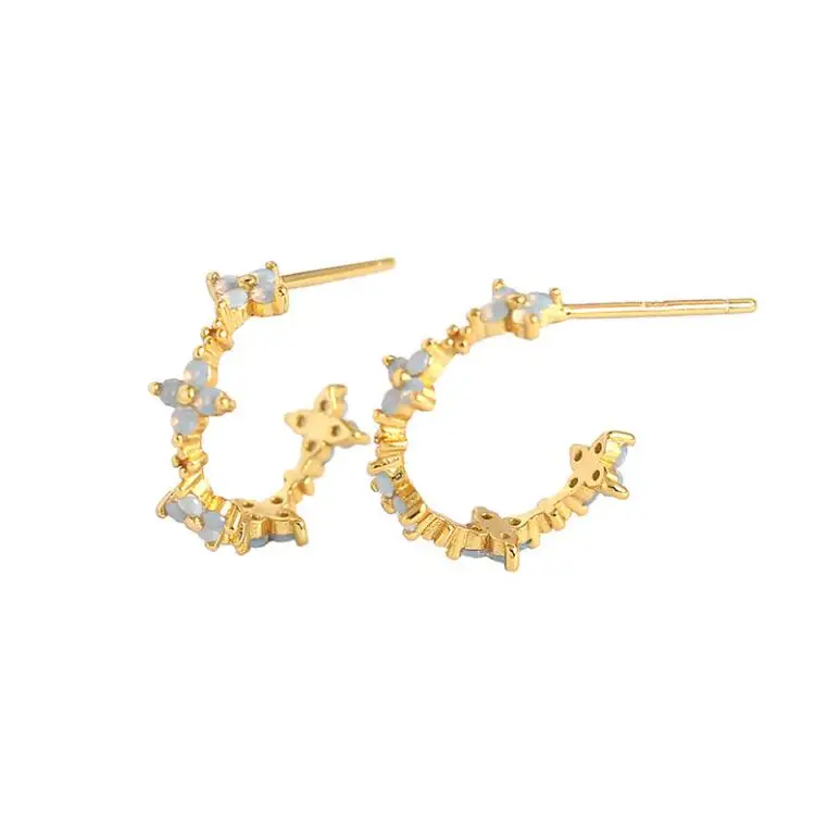 Spring Summer Trendy Sweet Girl CZ Four Leaf Clover Flower C Shaped Stud Gold Plated 925 Sterling Silver Hoop Earrings