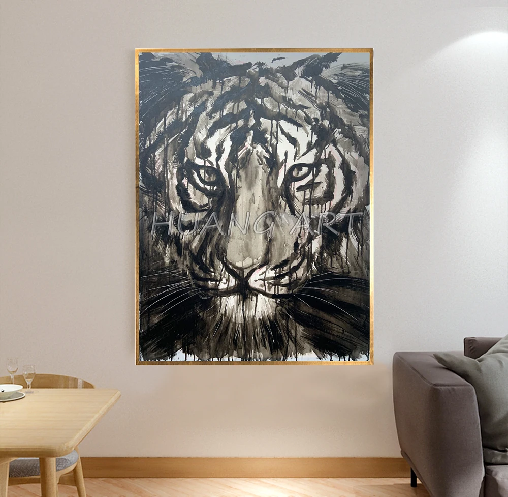New Arrival Original Artwork Tiger Oil Painting for Room Decor Hand-painted Animal Wall Painting Black and White Tiger Painting