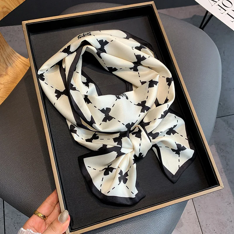 2024 New Korean Style Bow Pattern Twill Silk Scarf Long Plain Fashion Decorative Retro Collarbone Warm Scarf Headband for Women