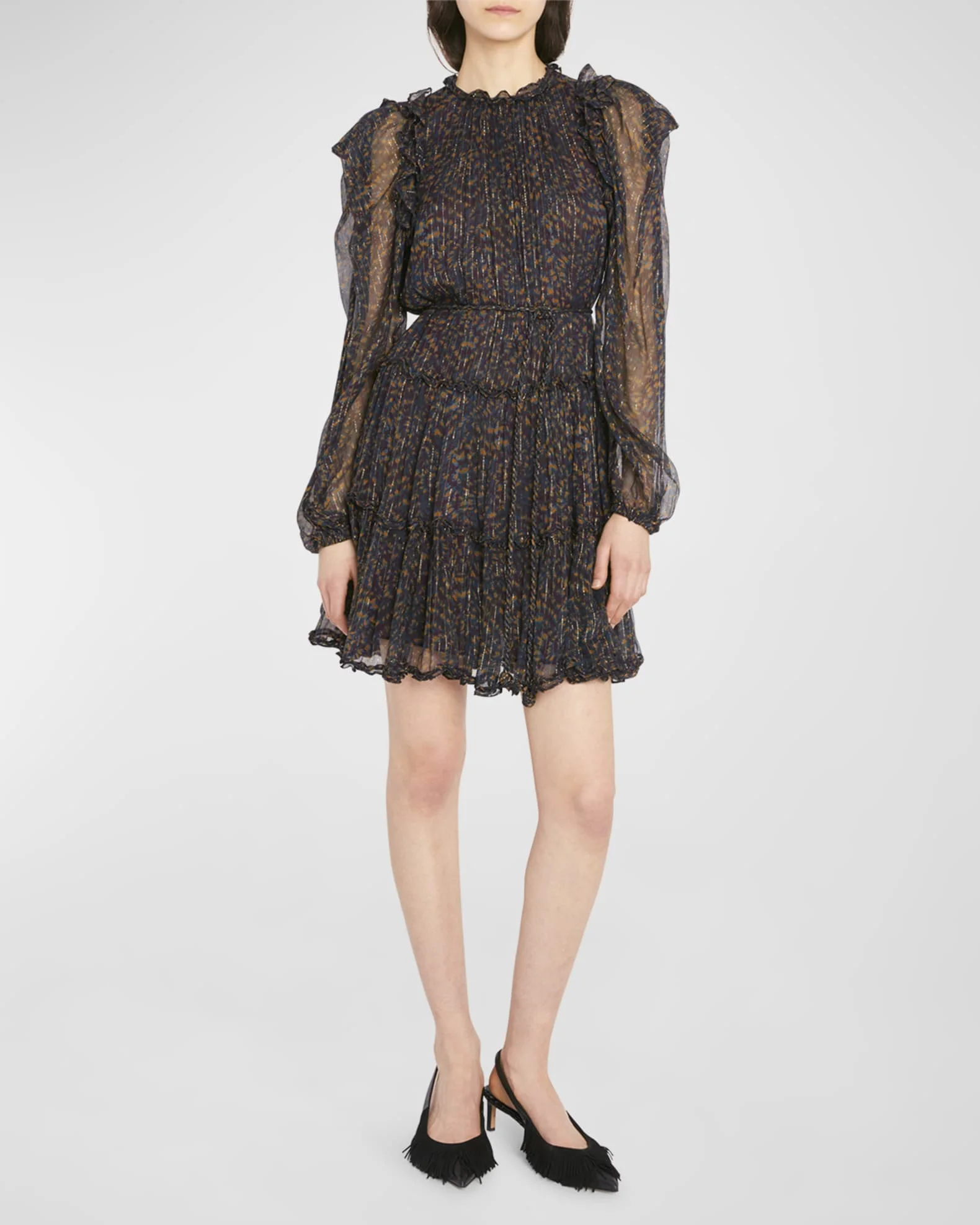 Custom Lady Elegant Slim Crew Neck Long Puff Sleeves Tiered Ruffle Skirt Fall Casual Women Mini Dress