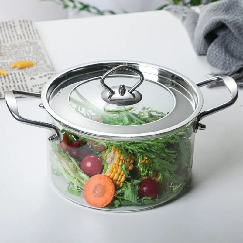 new design borosilicate clear glass cooking pot cookware set with wooden handles