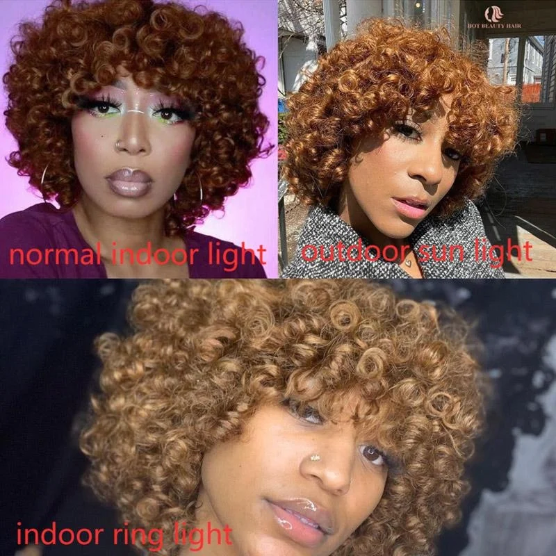 Virgin Brazilian Rose Curly Wig with Bangs Spicy Golden Brown Human Hair Full Machine Deep Wave Short Bob Wigs for Black Women