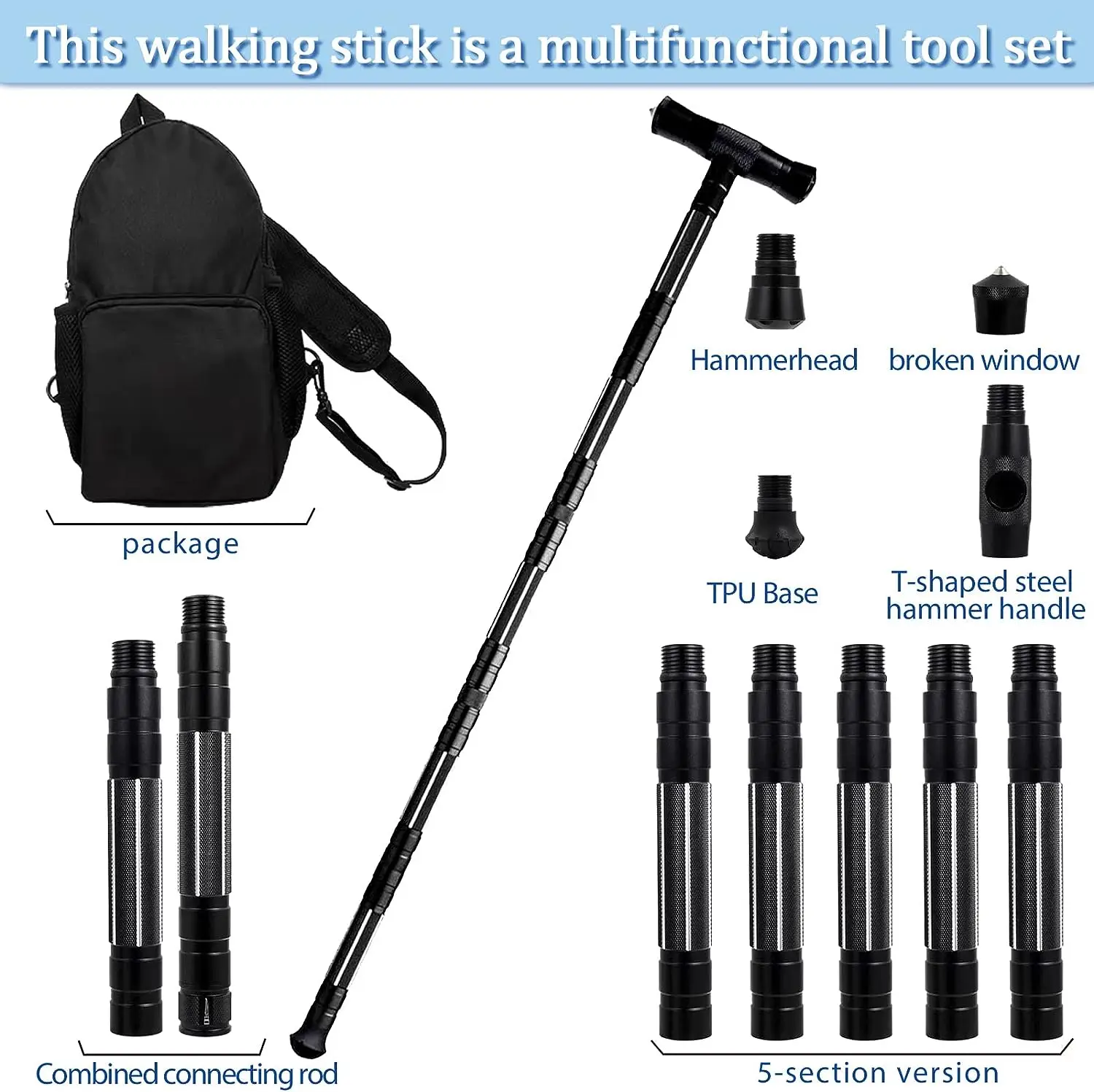 Multifunctional Outdoor Self-defense Stick T-type Camping Survival Tool Telescopic Folding Walking Pole