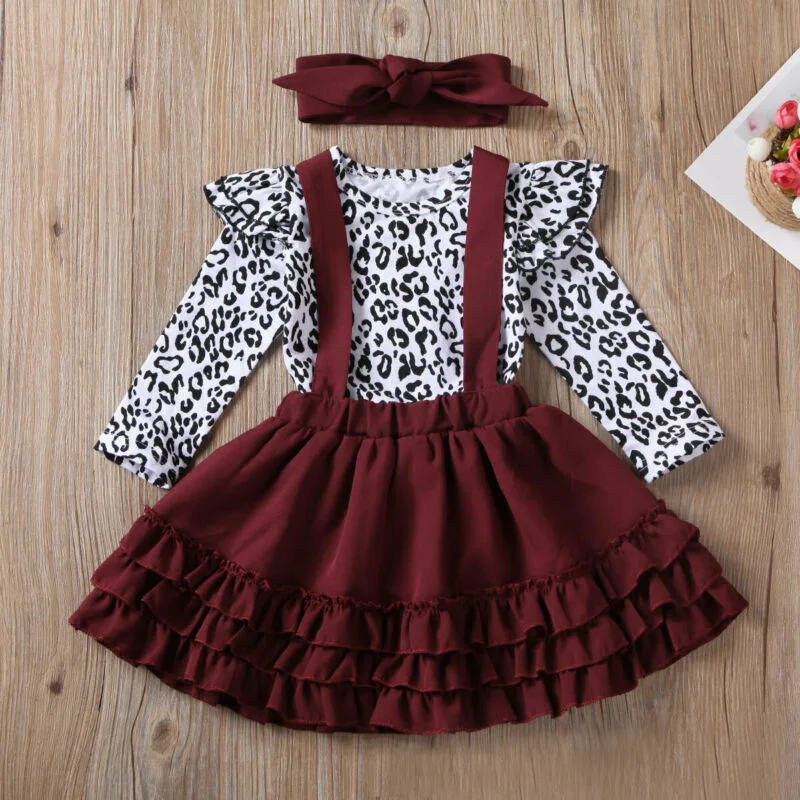 Spring Girls Children Baby Girls Long sleeve Leopard Rompers And Ruffled Dresses Skirt Set
