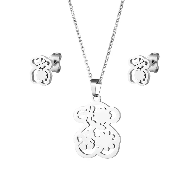 Stainless Steel Bear Necklace Cute Earrings Small Set Female European and American Glossy Flower Sweater Chain Earring Jewelry