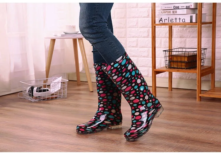 New color high rain boots PVC nice pattern rain boots lady transparent non-slip waterproof beautiful high rainwear for women