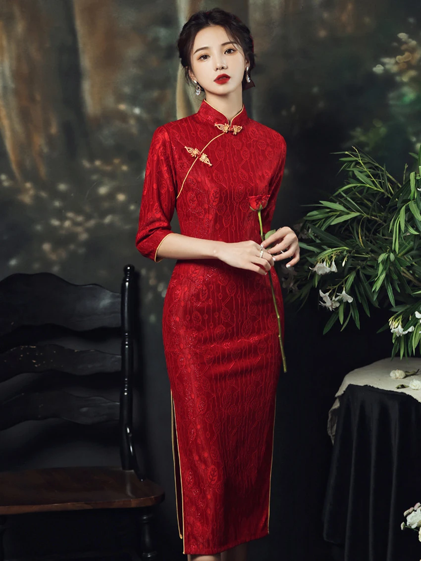 2025 new long bride qipao long sleeve luxury wedding red long dresses cheongsam women ladies party evening elegant factory