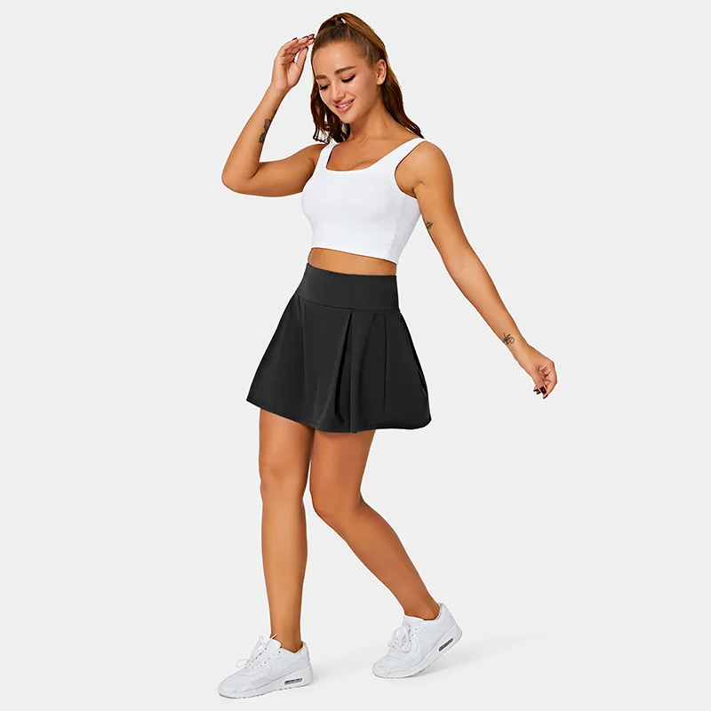 Wholesale Custom Design Sports Dress Workout High Quality Street Wear High Rise Pleated Side Pocket 2-in-1 Plain Skirt