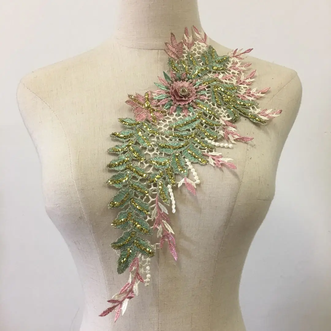 3D Floral Applique Metallic With Glitter Embroidery Lace Patch Sew on Lace Motif