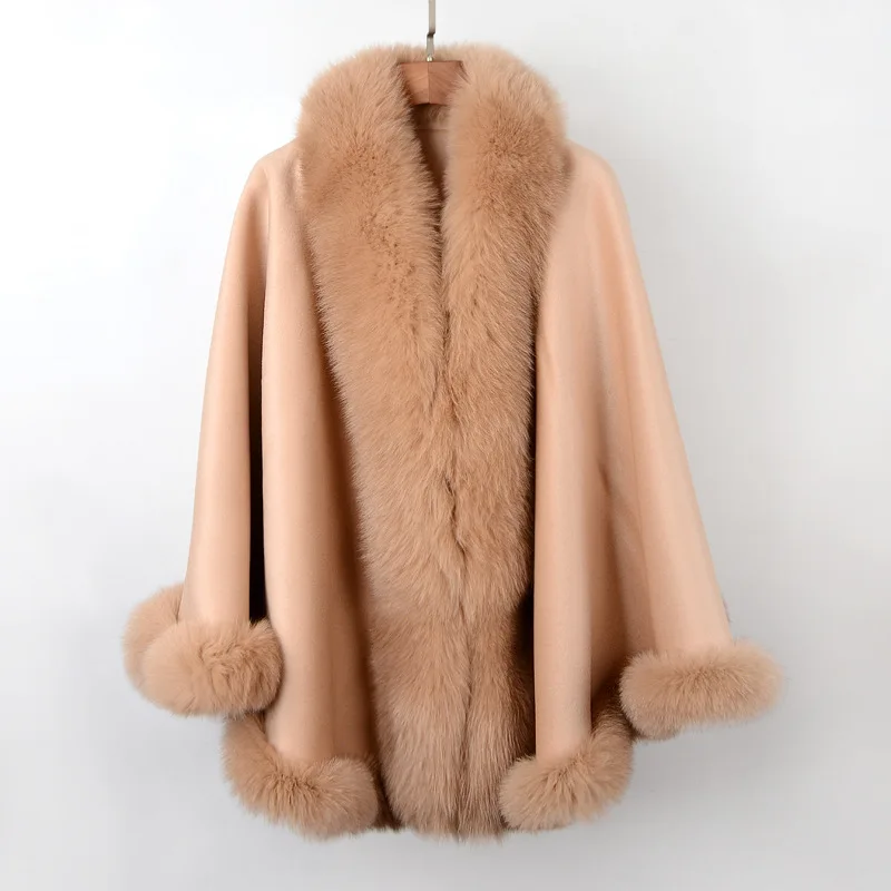 100% Cashmere Women Wool Knitted Poncho Women Winter Real Fox Fur Shawl