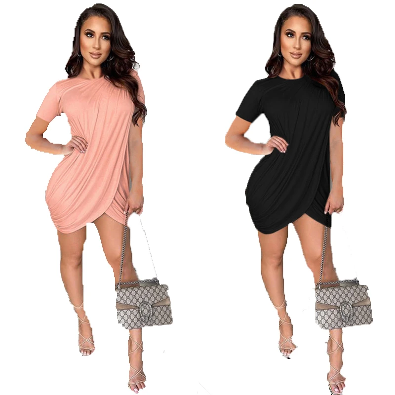 Женское трикотажное плиссированное платье, однотонное плиссированное платье с круглым вырезом и коротким рукавом, новинка 2021