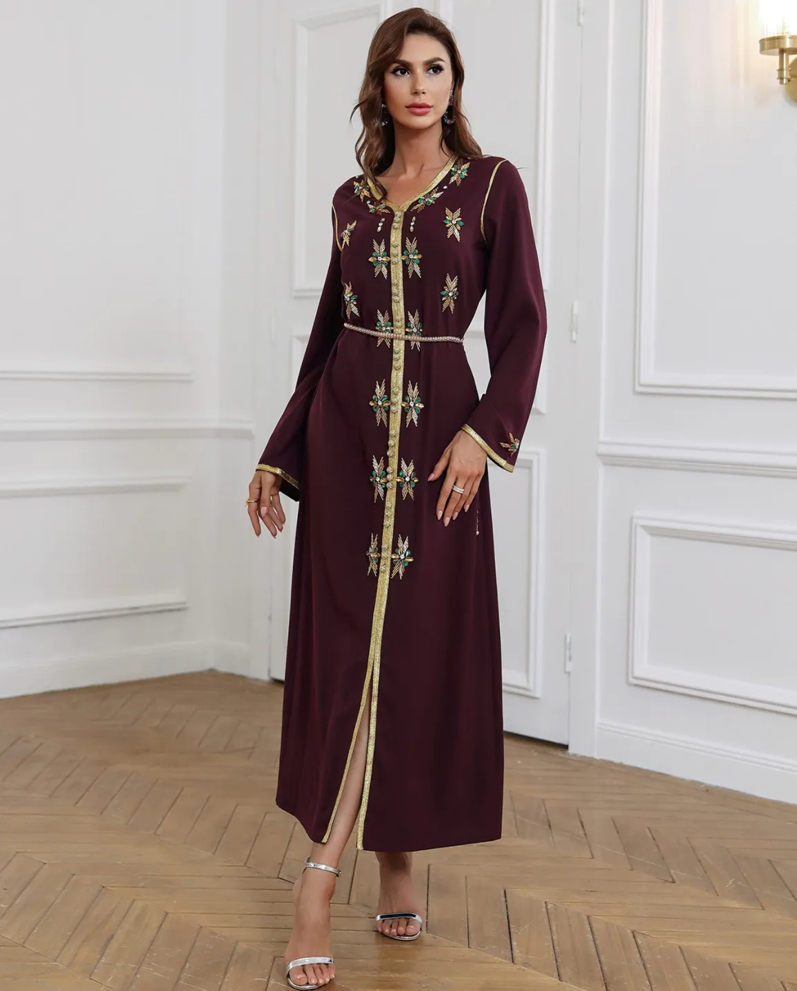 Арабская Дубай Турция ислам модная мусульманская женская одежда ручной работы с бисером роскошное черное платье поясом на талии